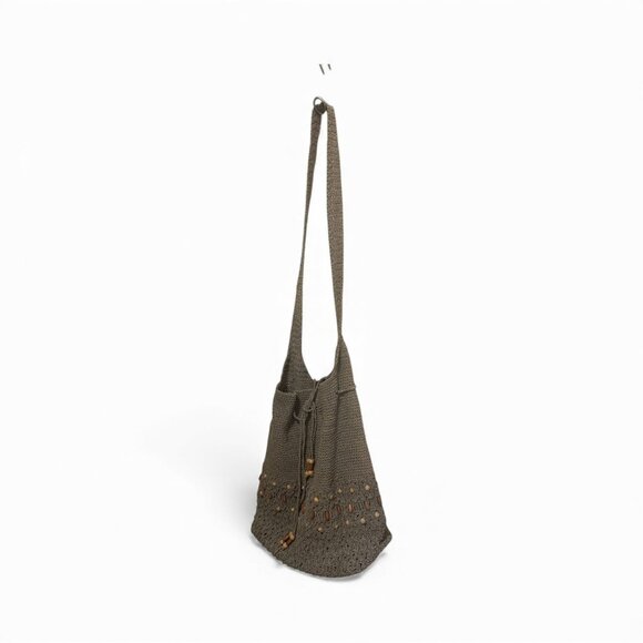 Bucket Bag Olive Crochet Shoulder Bag With Wooden Bead Details 31" Length - Picture 4 of 6